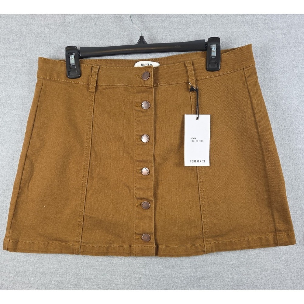 Forever 21 Button Up Golden Brown Denim Mini Skirt 31 Stretch Boho Retro Y2K NEW